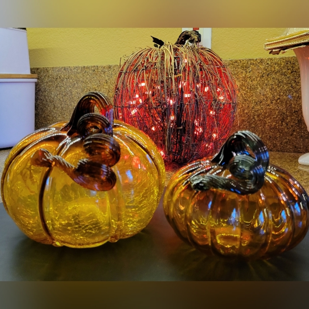Amber Glass Pumpkins w/Brown Curly Decorative Stems, Set of 2